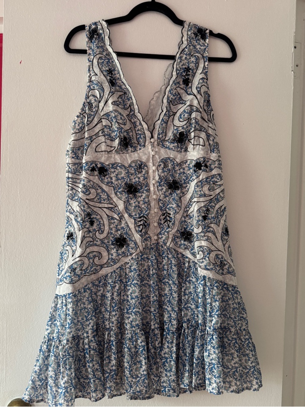 Anthropologie Blue and White Printed Tiered Mini Dress